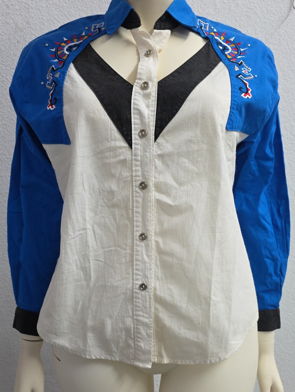 Vintage 1849 Authentic Ranchwear Western Shirt Blue White Black Embroidered USA